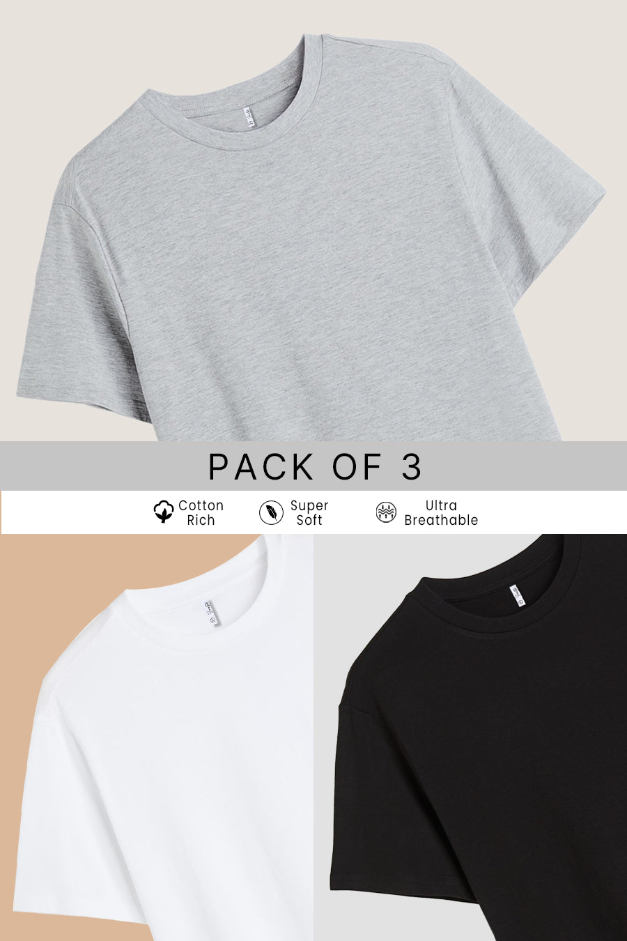 Pack 3 - Black, White & Light grey - Classic Crew