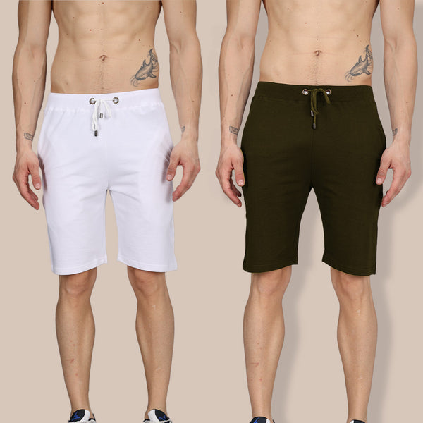 Combo of White & Olive Shorts: Pack of 2