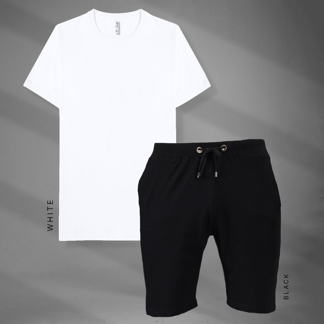 White & Black T-Shirt and Shorts Set for Men
