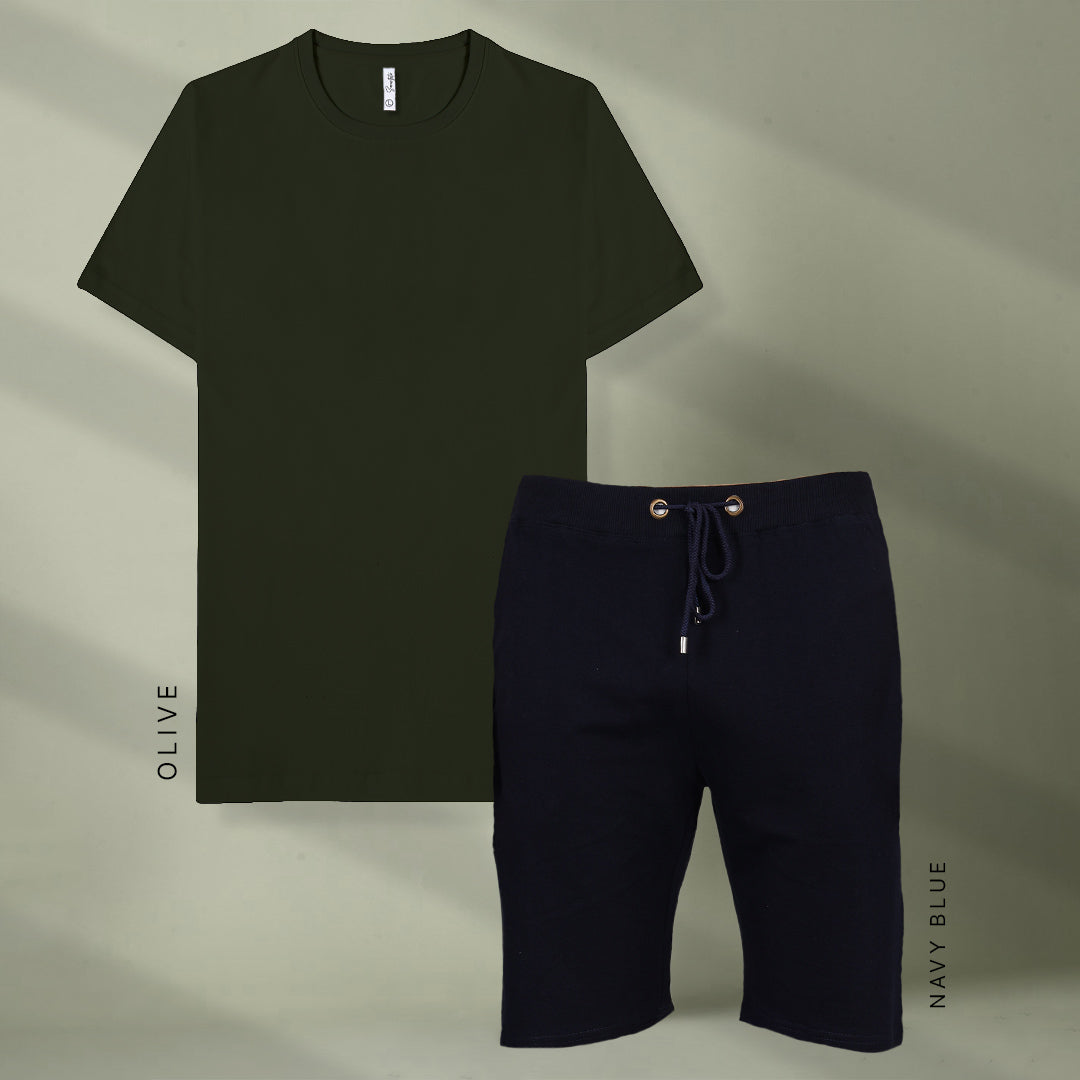 Olive & Navy Blue T-Shirt and Shorts Set for Men