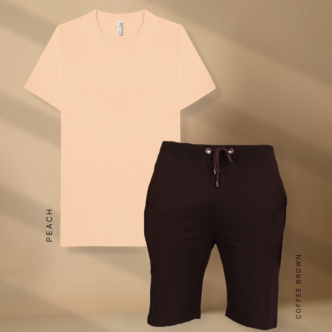 Peach & Coffee Brown T-Shirt and Shorts Set for Men