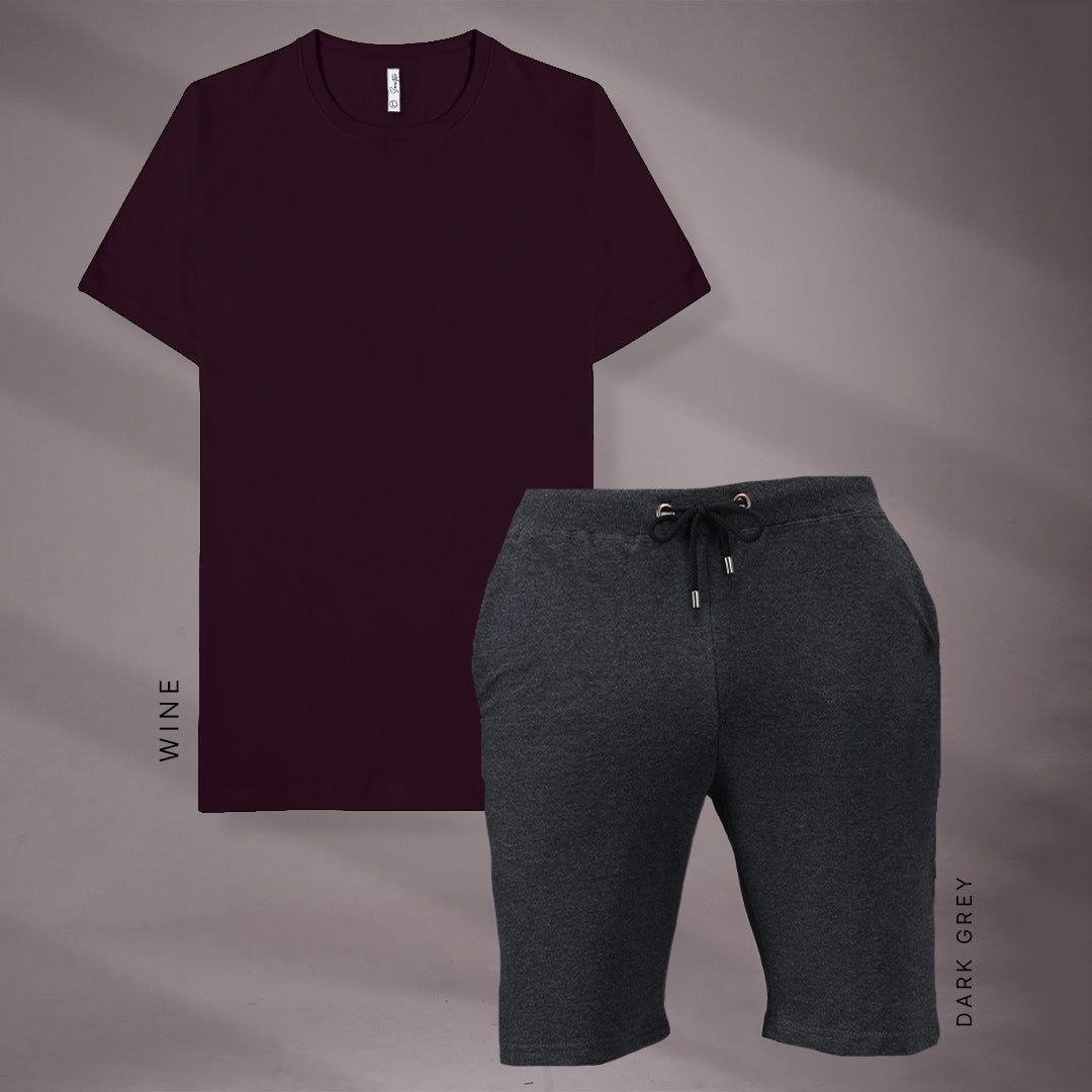 Wine & Dark Grey T-Shirt and Shorts Set for Men