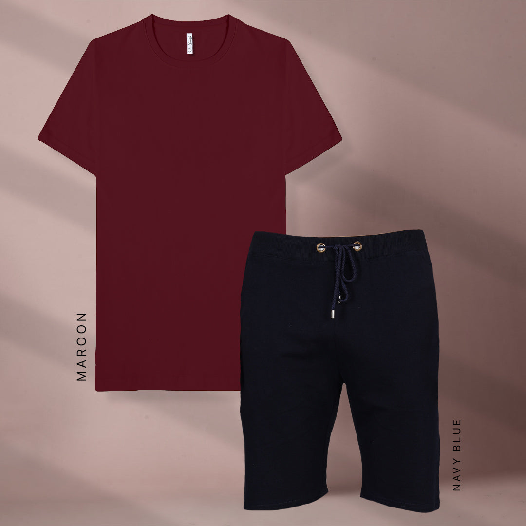Maroon & Navy Blue T-Shirt and Shorts Set for Men