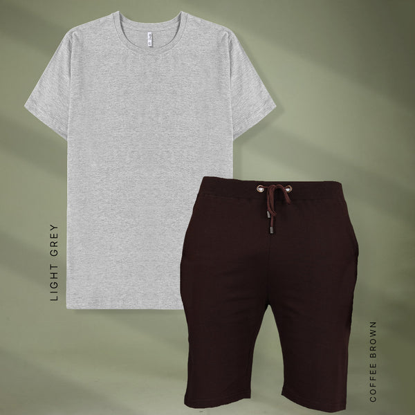 Light Grey & Coffee Brown T-Shirt and Shorts Set for Men