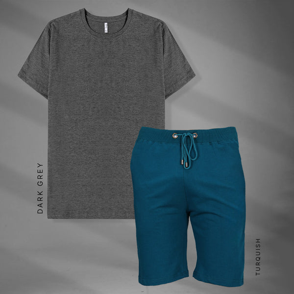 Dark Grey & Turquishe T-Shirt and Shorts Set for Men