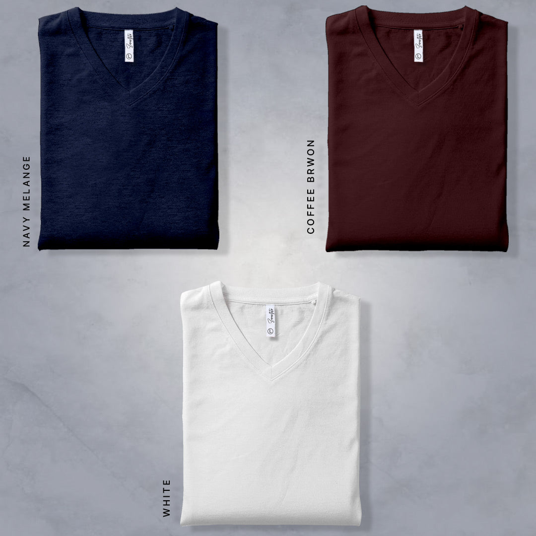 Combo Of Navy Melange, Coffee Brown & White V Neck T-shirt: Pack of 3