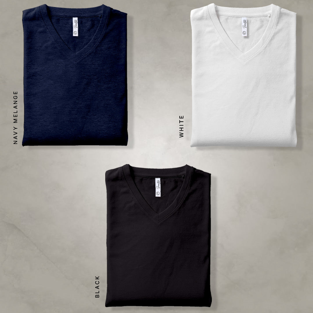 Combo Of Navy Melange, White & Black V Neck T-shirt: Pack of 3