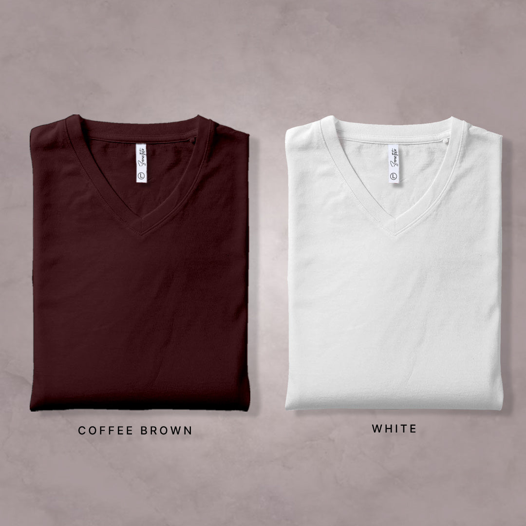 Combo Of Coffee Brown & White V Neck T-shirt: Pack of 2