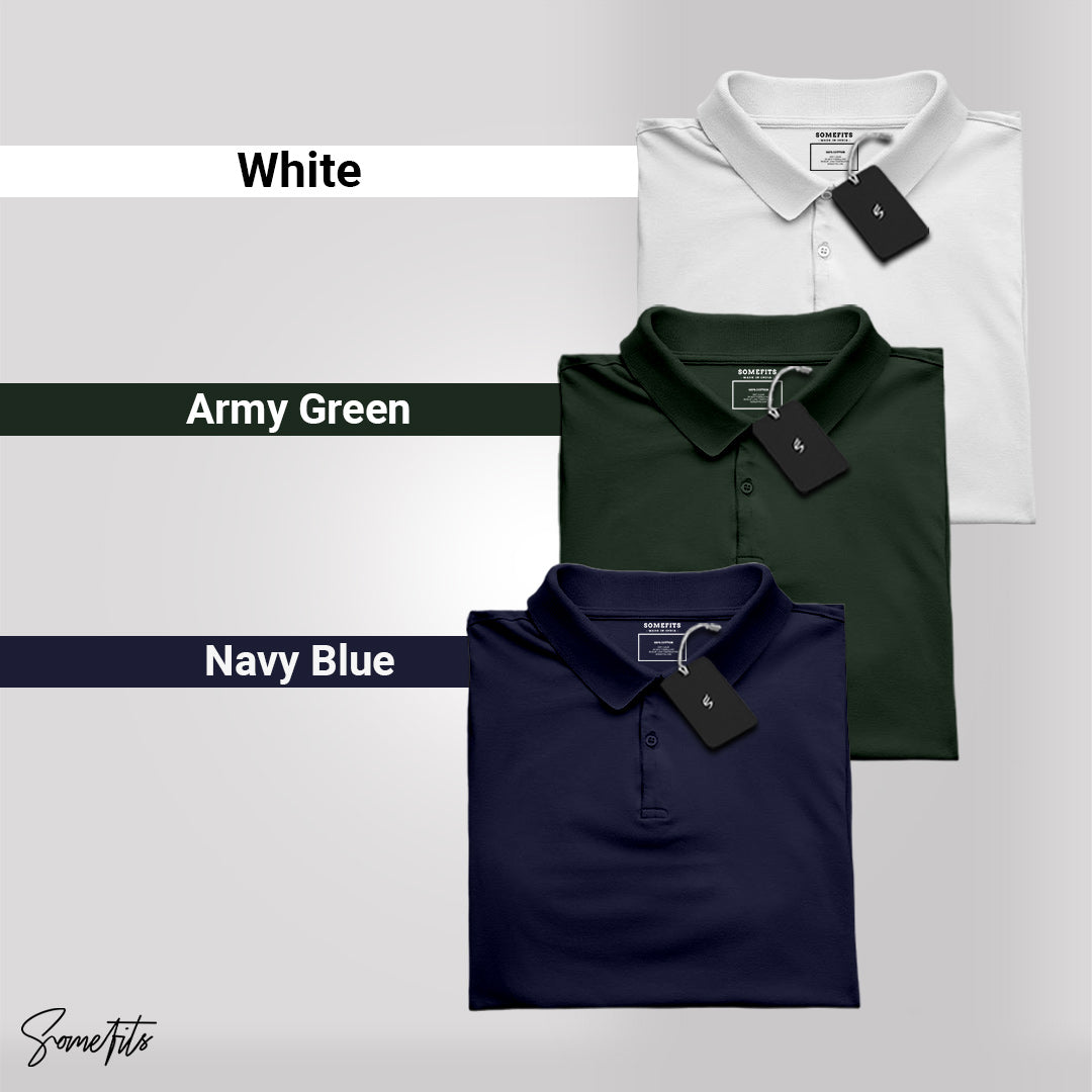 Combo Of White, Army Green & Navy Blue Polo T-shirt: Pack of 3